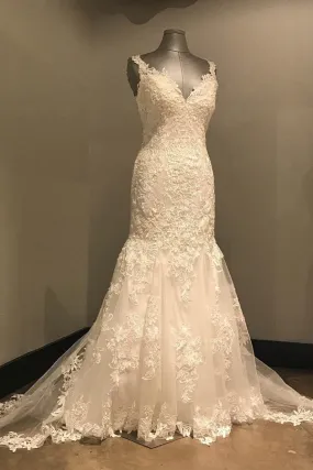 Anneprom Elegant Ivory Lace Mermaid Long Wedding Dress With Open Back APW0193