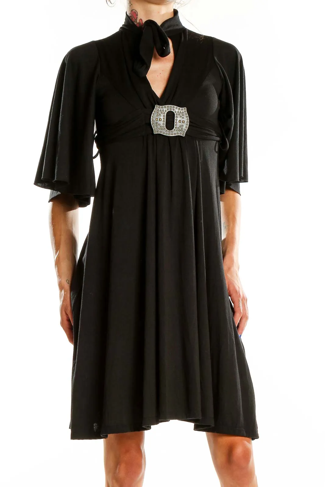Black Elegant Cocktail Dress with Rhinestone Buckle