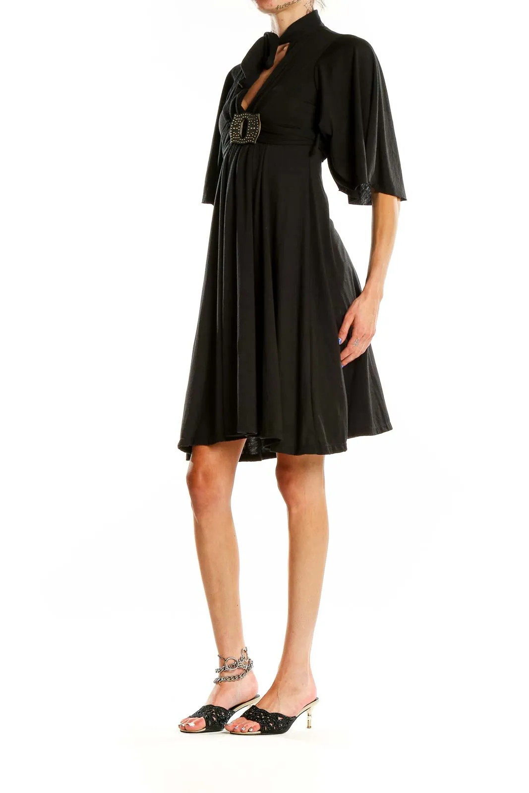 Black Elegant Cocktail Dress with Rhinestone Buckle