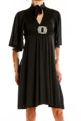 Black Elegant Cocktail Dress with Rhinestone Buckle