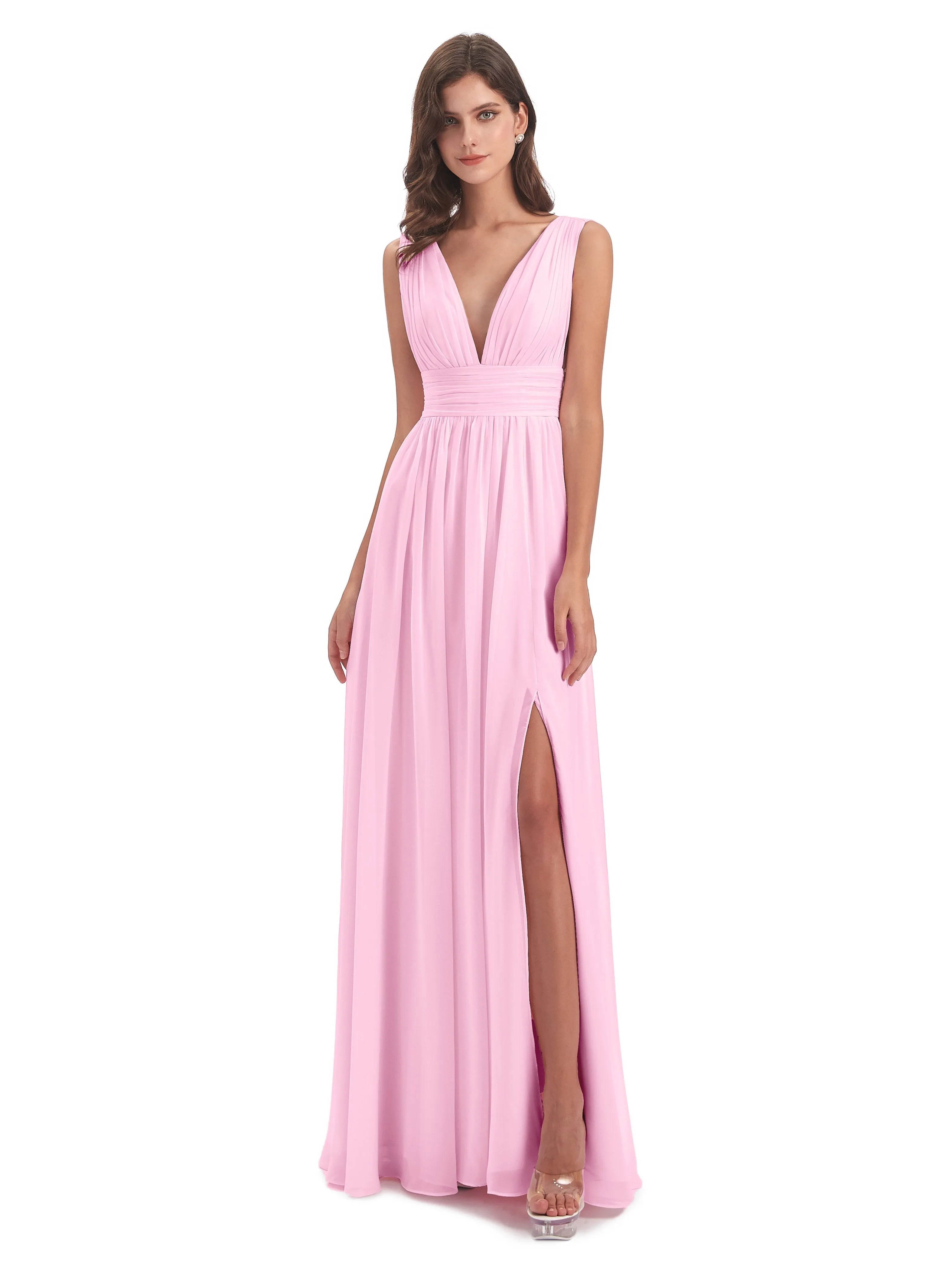 Bridesmaid Dresses Candy Pink Charming Chiffon V Neck Split Long Bridesmaid Dresses
