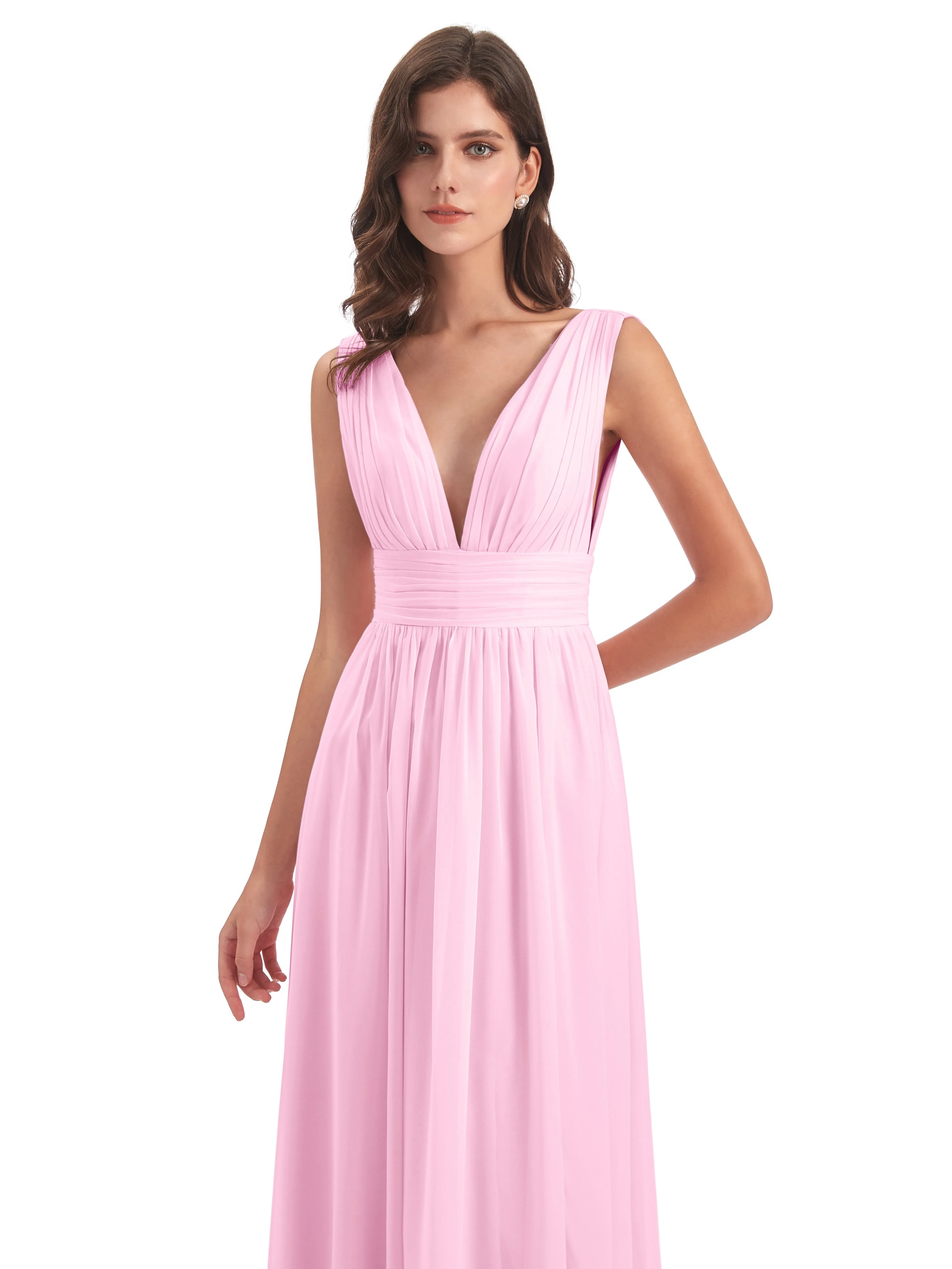 Bridesmaid Dresses Candy Pink Charming Chiffon V Neck Split Long Bridesmaid Dresses