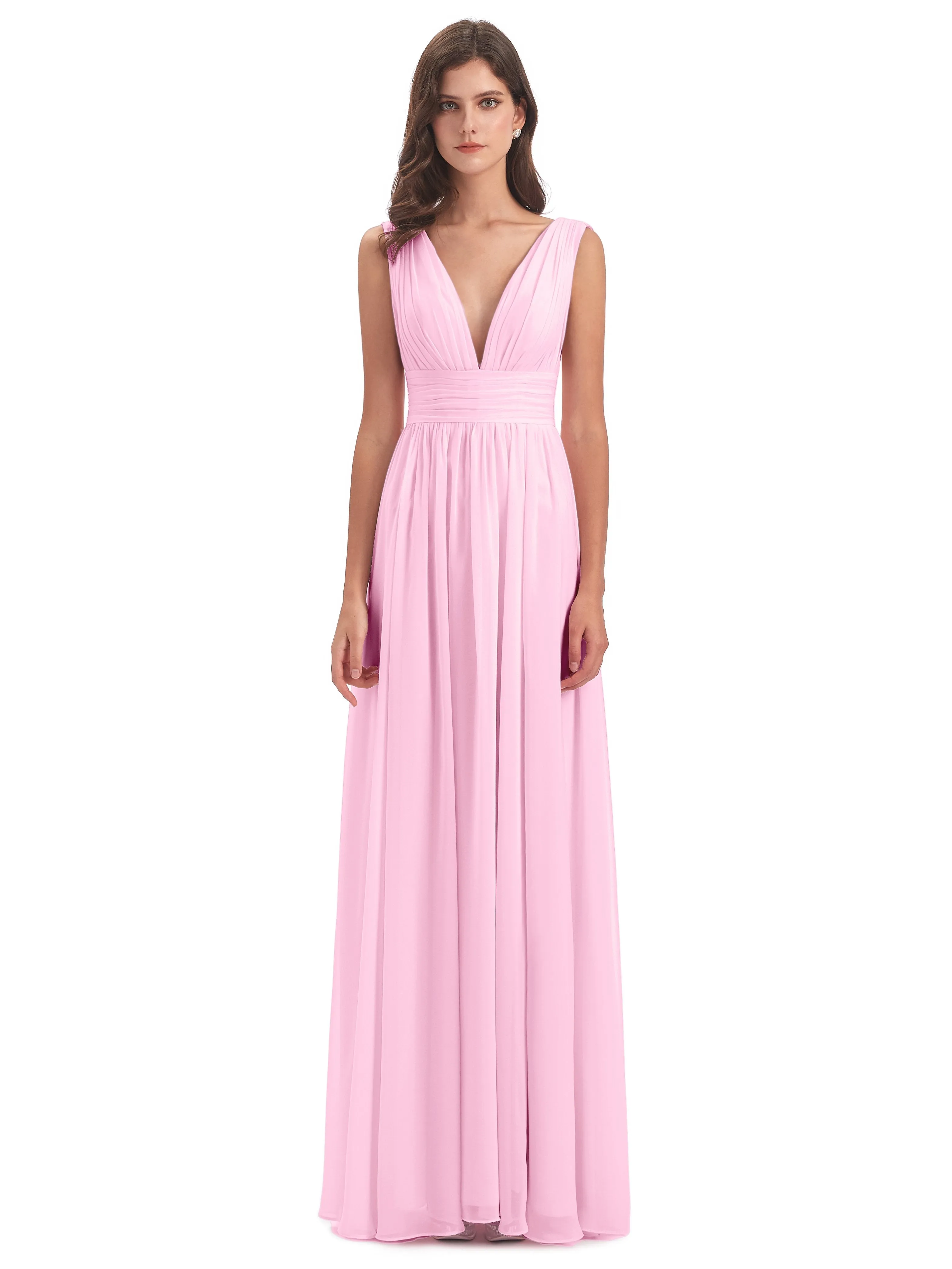 Bridesmaid Dresses Candy Pink Charming Chiffon V Neck Split Long Bridesmaid Dresses