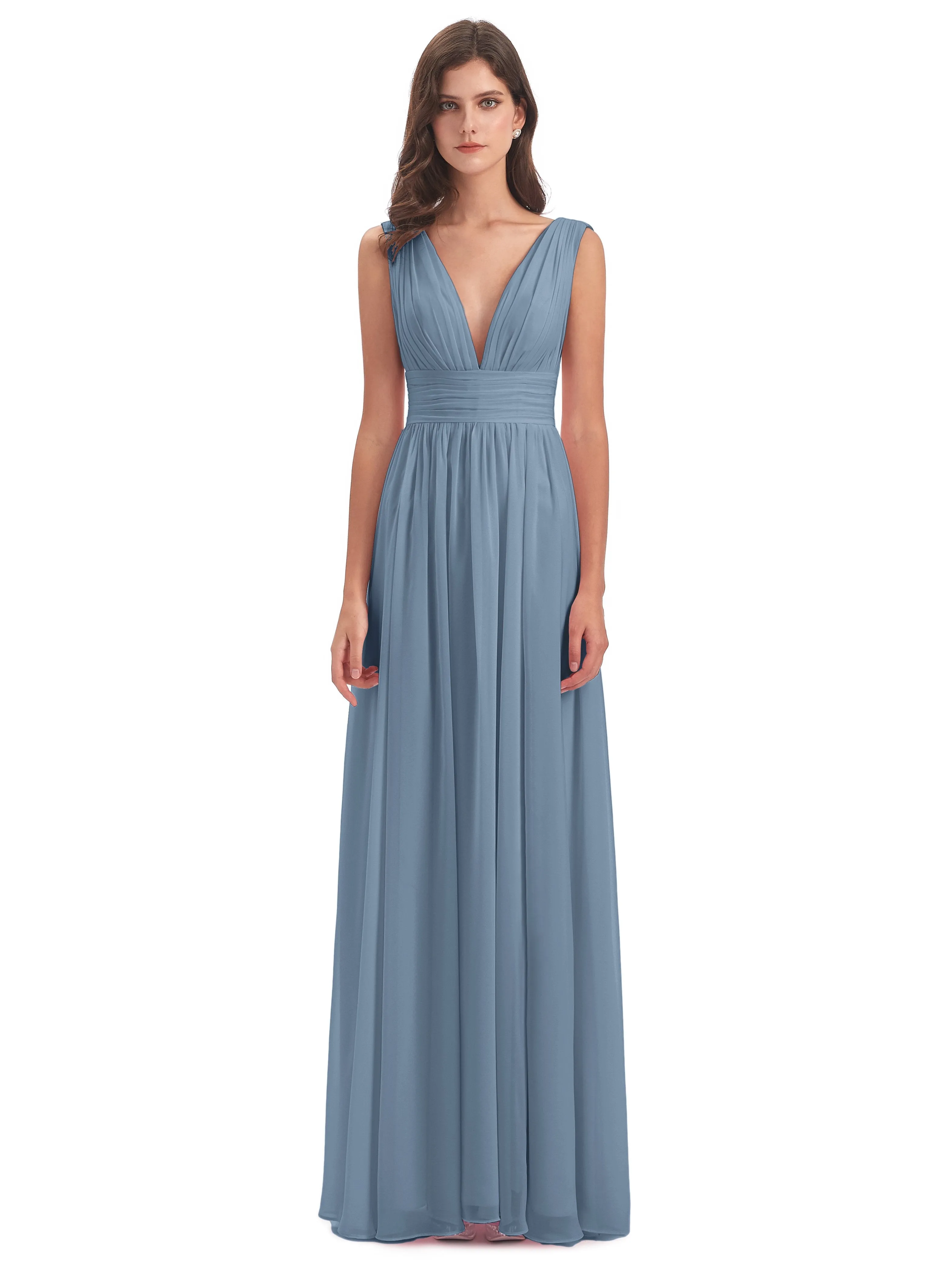Bridesmaid Dresses Slate Blue Charming Chiffon V Neck Split Long Bridesmaid Dresses