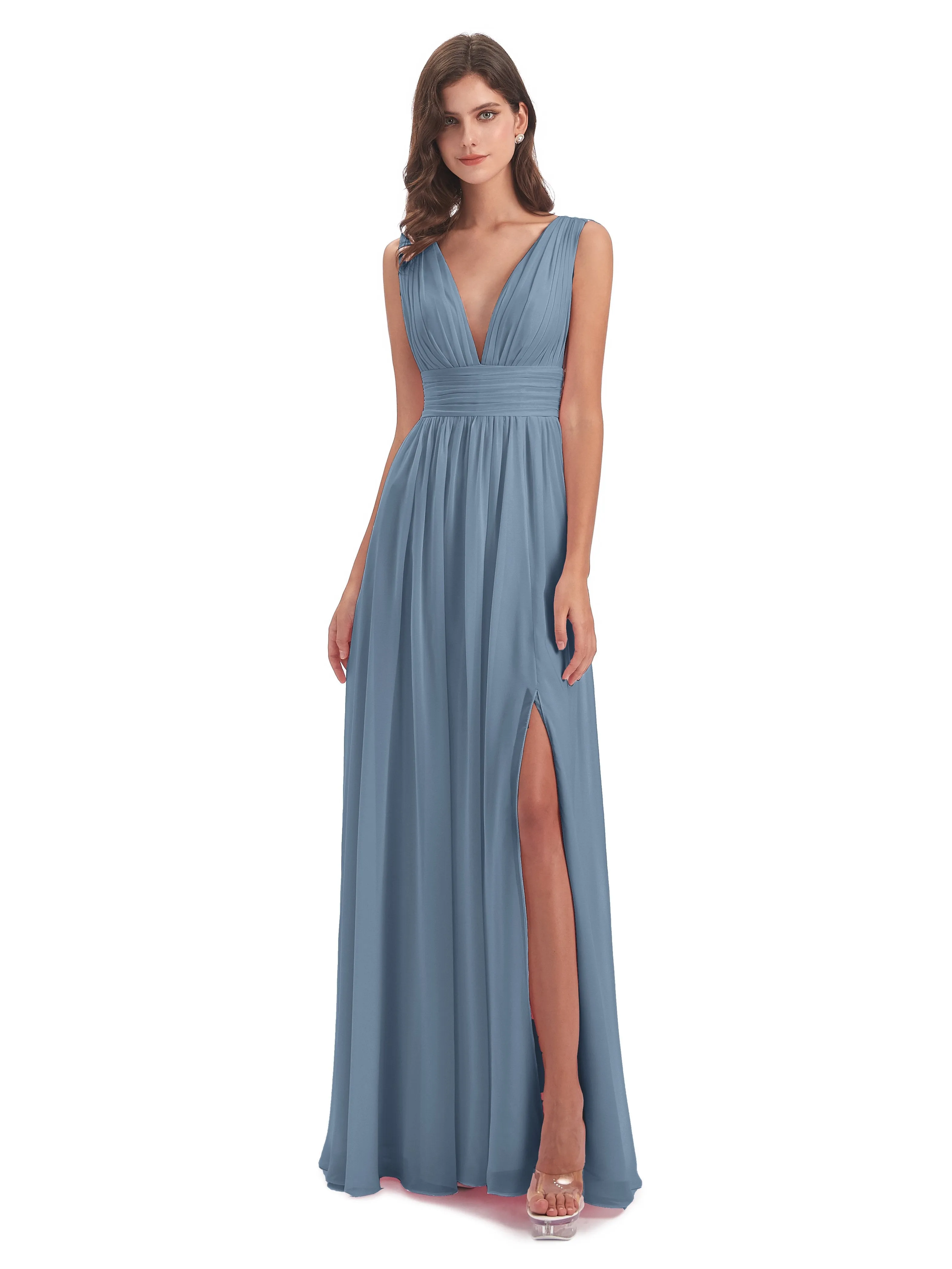 Bridesmaid Dresses Slate Blue Charming Chiffon V Neck Split Long Bridesmaid Dresses