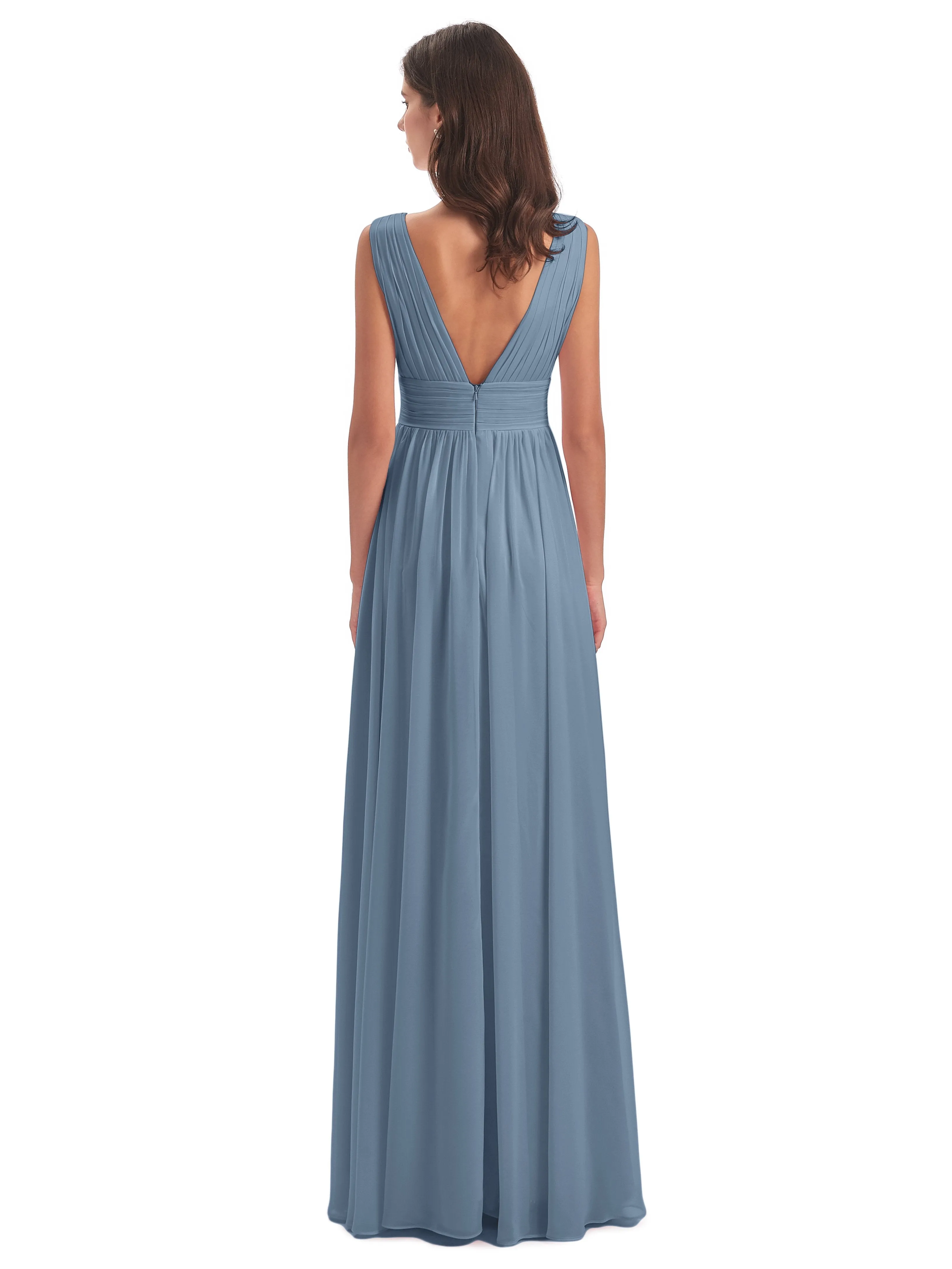 Bridesmaid Dresses Slate Blue Charming Chiffon V Neck Split Long Bridesmaid Dresses