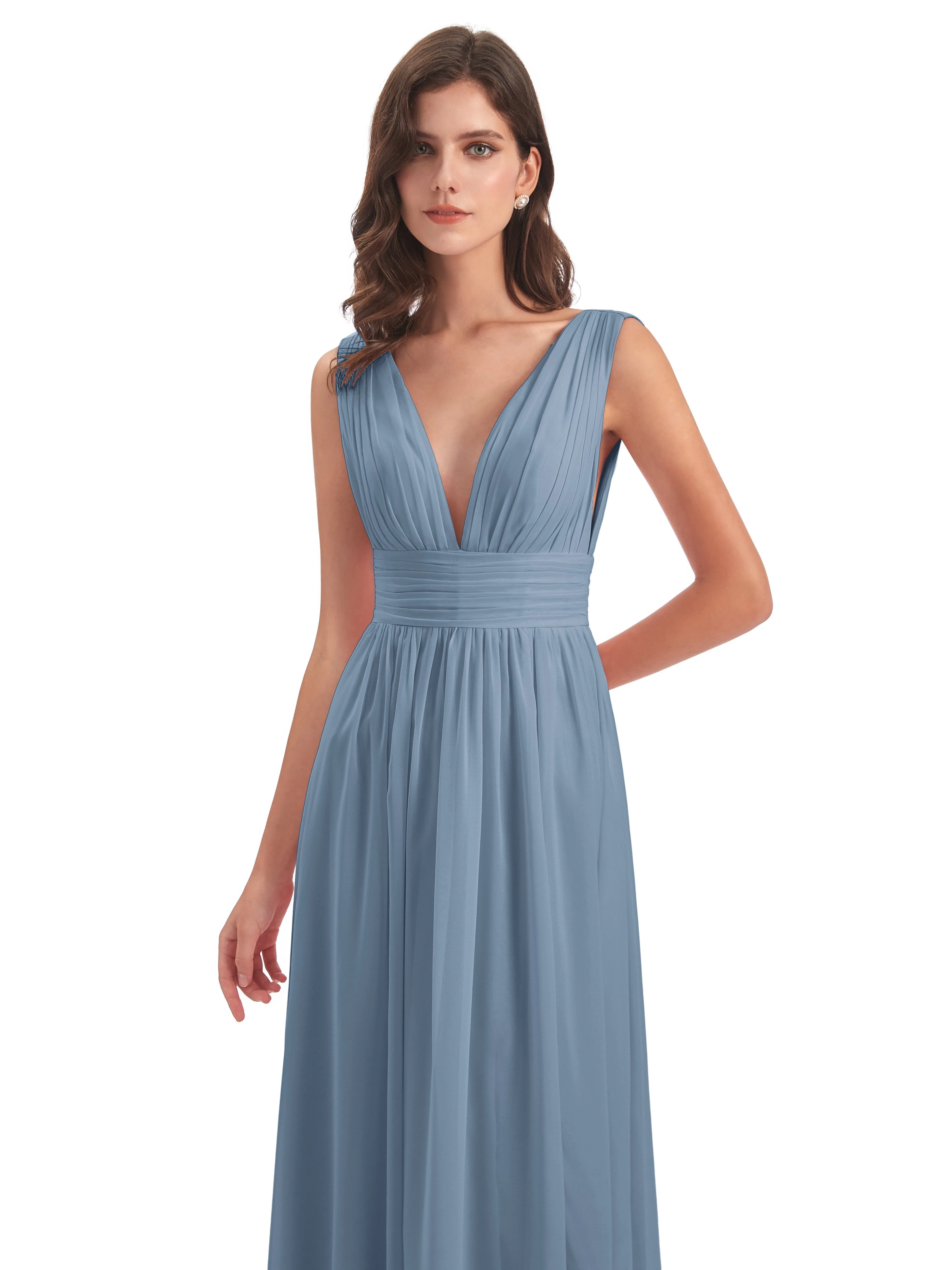 Bridesmaid Dresses Slate Blue Charming Chiffon V Neck Split Long Bridesmaid Dresses
