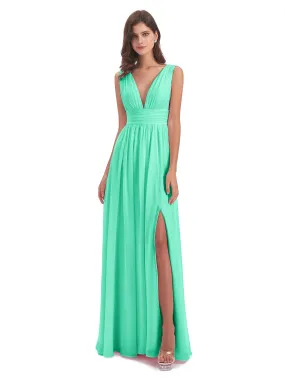 Bridesmaid Dresses Turquoise Charming Chiffon V Neck Split Long Bridesmaid Dresses