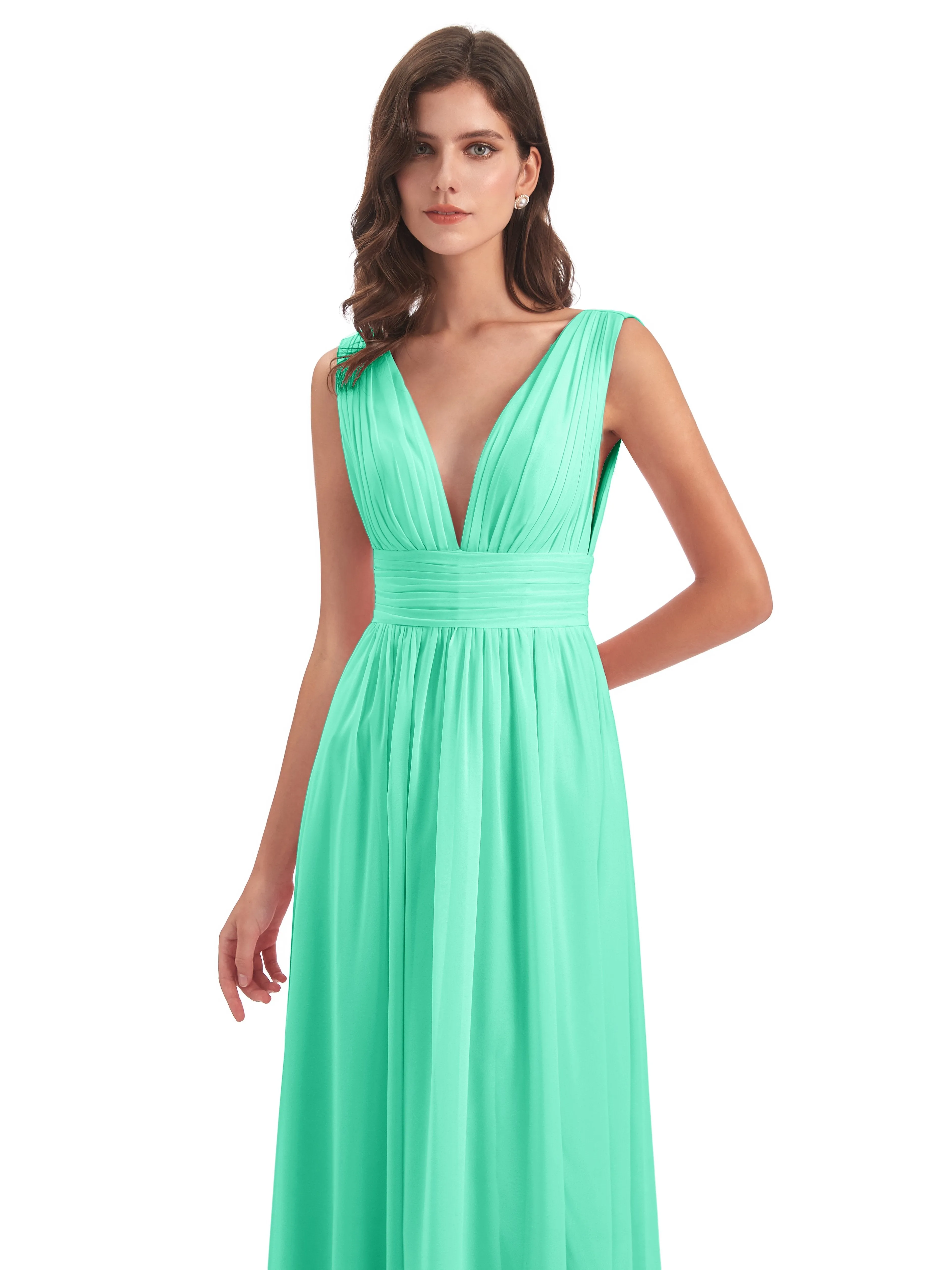 Bridesmaid Dresses Turquoise Charming Chiffon V Neck Split Long Bridesmaid Dresses
