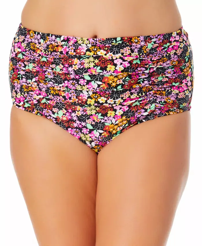 California Waves Trendy Plus Size Ditsy-Print High-Waist Bikini Bottoms
