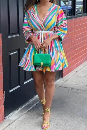 Casual Striped Print With Belt V Neck A Line Dresses