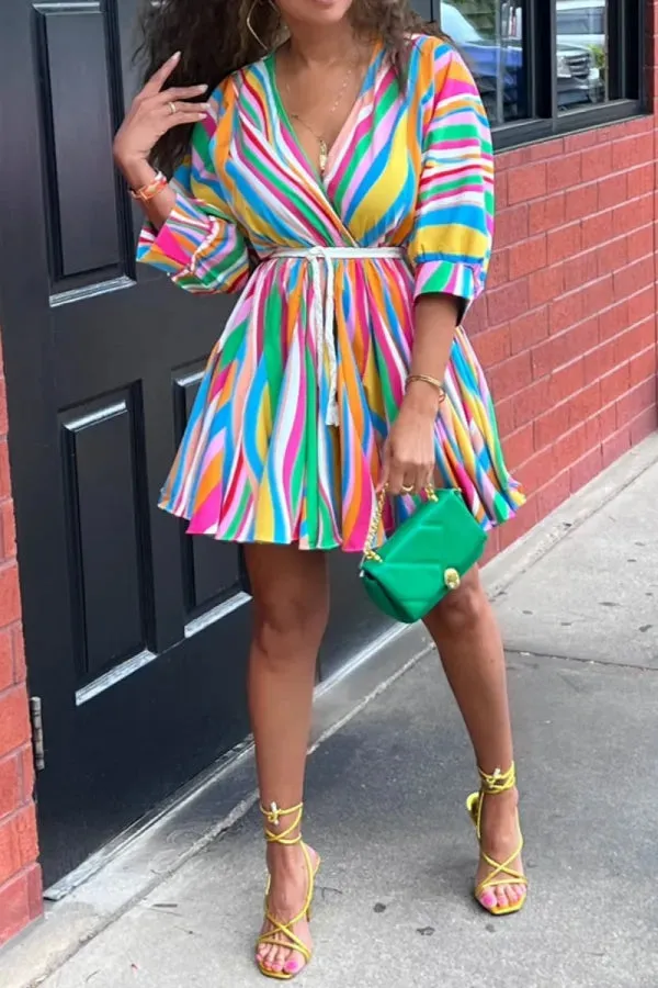 Casual Striped Print With Belt V Neck A Line Dresses