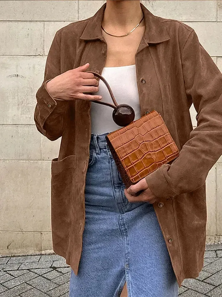 Casual Suede Long Sleeve Jackets Women Autumn Loose Brown Lapel Jacket Coat With Pockets Female Elegant Chic Street Outwear