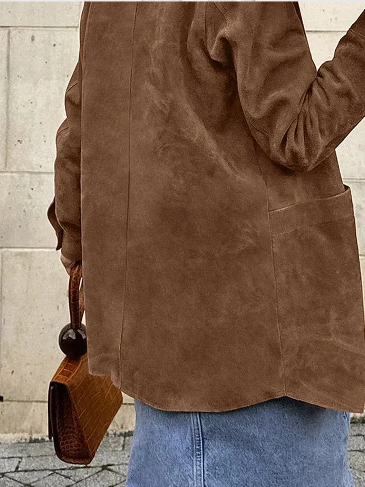 Casual Suede Long Sleeve Jackets Women Autumn Loose Brown Lapel Jacket Coat With Pockets Female Elegant Chic Street Outwear