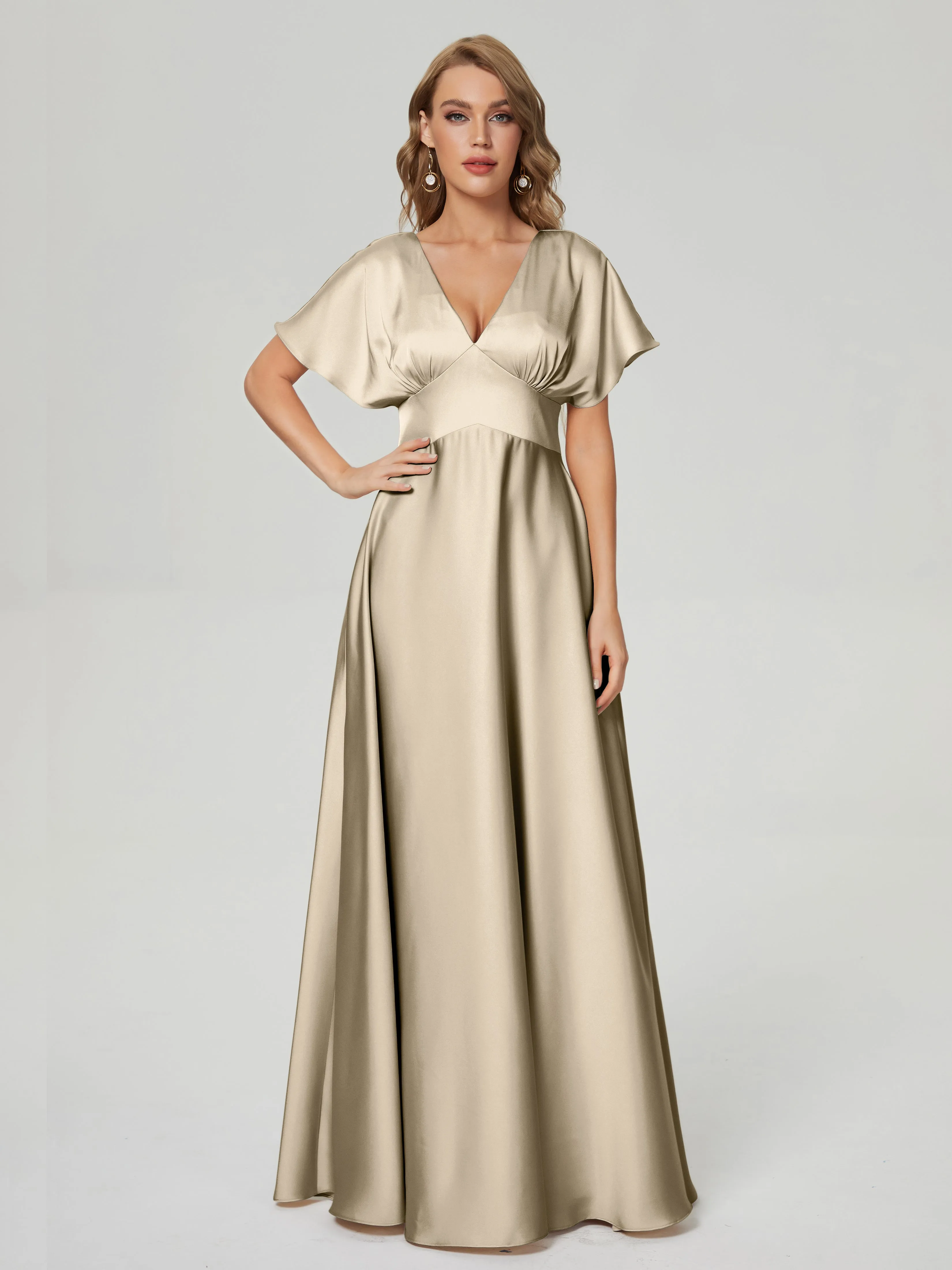 Champagne Bridesmaid Dresses Ariah Modest V Neck Short Sleeves Soft Satin Dresses
