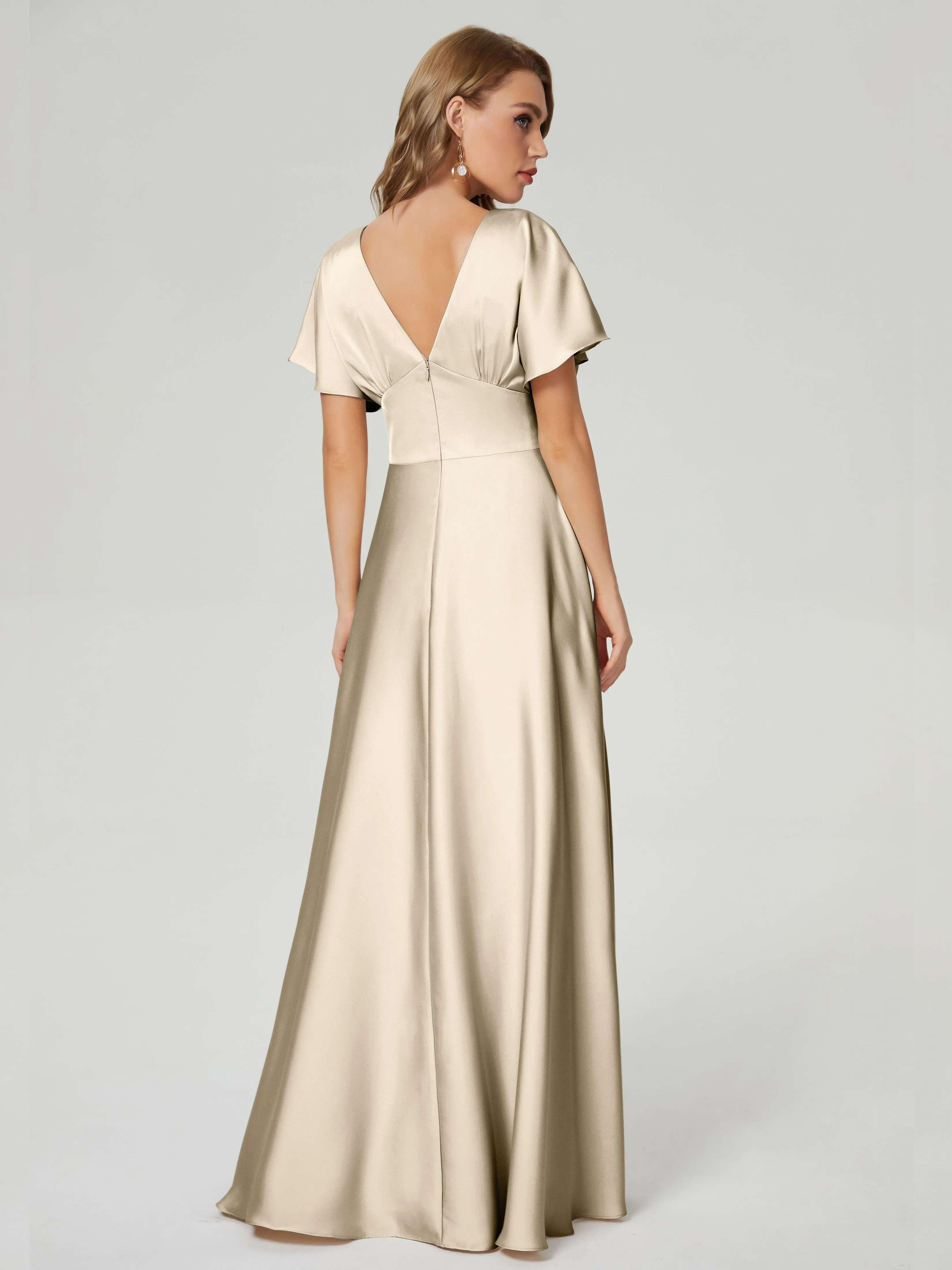 Champagne Bridesmaid Dresses Ariah Modest V Neck Short Sleeves Soft Satin Dresses
