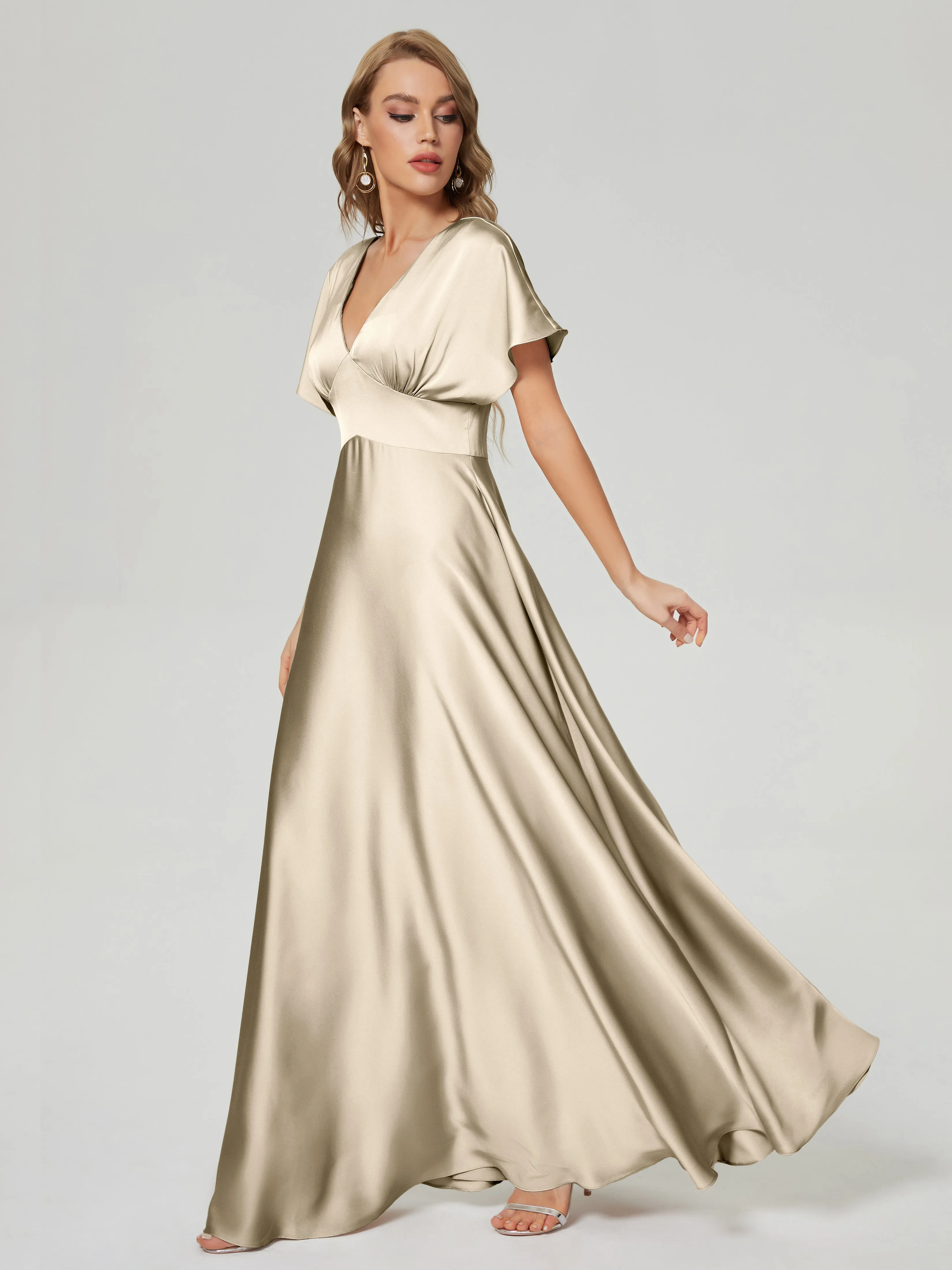Champagne Bridesmaid Dresses Ariah Modest V Neck Short Sleeves Soft Satin Dresses
