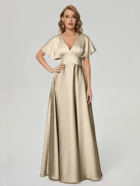 Champagne Bridesmaid Dresses Ariah Modest V Neck Short Sleeves Soft Satin Dresses