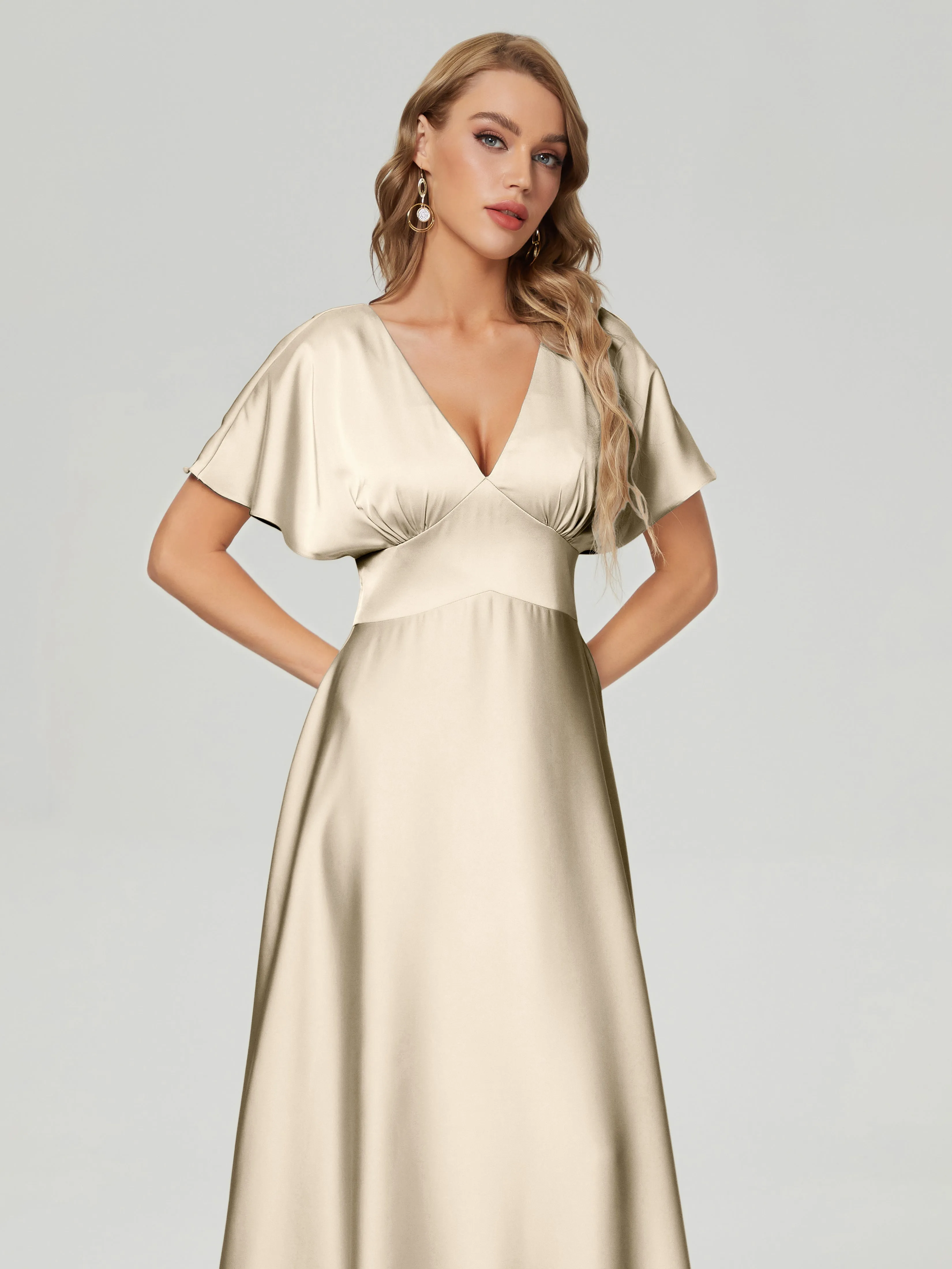 Champagne Bridesmaid Dresses Ariah Modest V Neck Short Sleeves Soft Satin Dresses