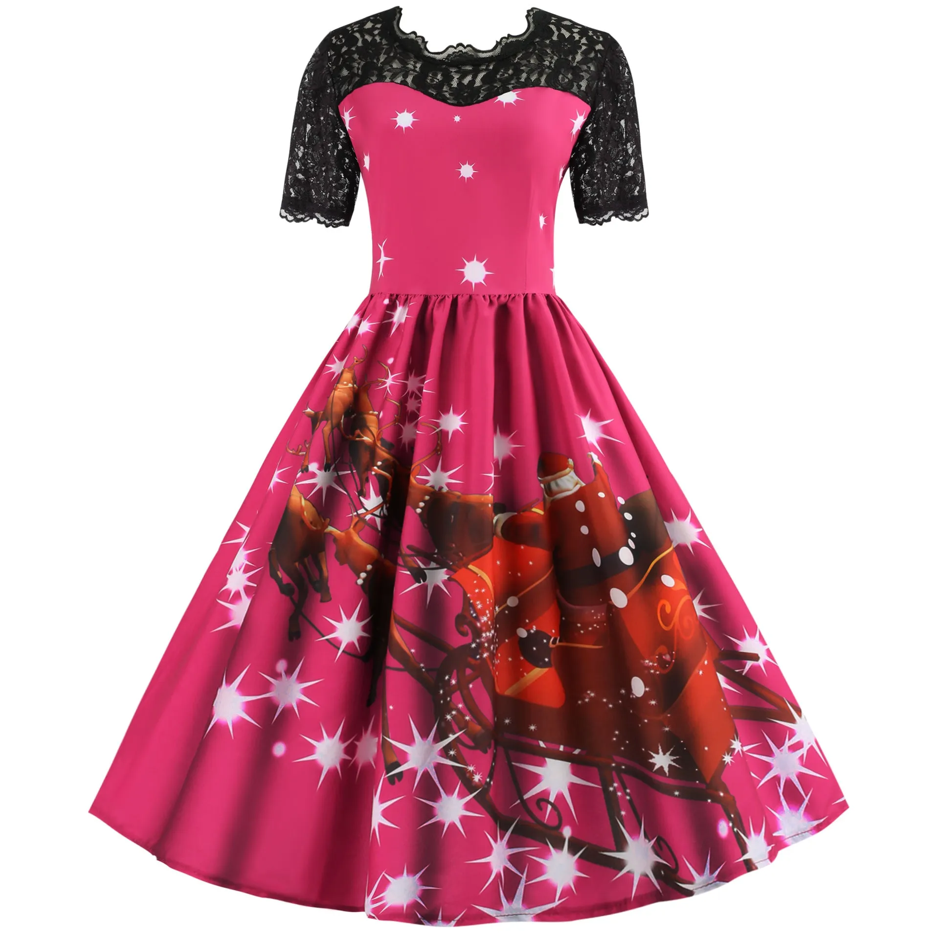 Christmas Short-sleeved Printed Slim Dress