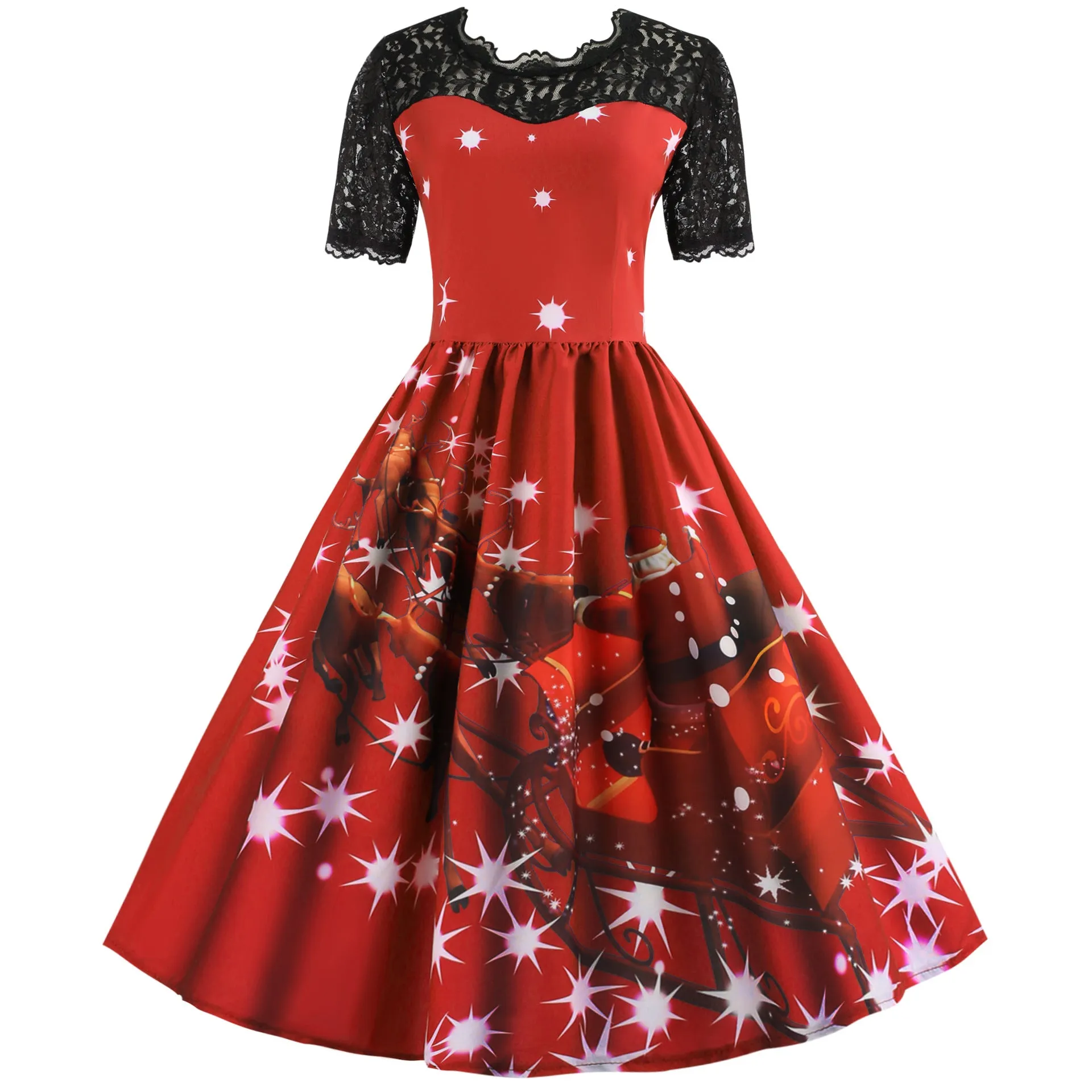 Christmas Short-sleeved Printed Slim Dress