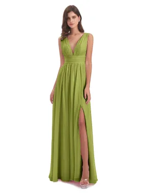 Clover Bridesmaid Dress Charming Chiffon V Neck Split Long Bridesmaid Dresses