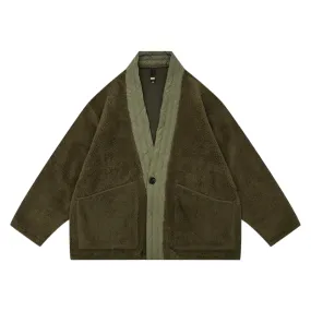 Cozy polar fleece cardigan with woven trim