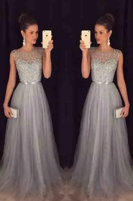 Elegant Gray Tulle Long A Line Prom Dress,Formal Party Dresses PFP0116