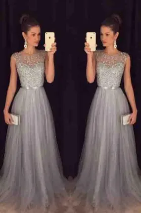 Elegant Gray Tulle Long A Line Prom Dress,Formal Party Dresses PFP0116