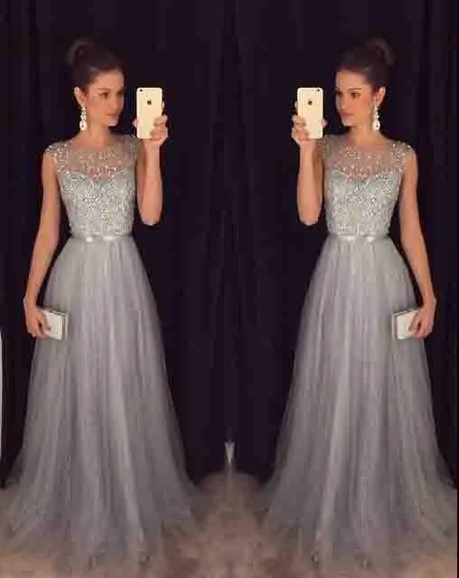 Elegant Gray Tulle Long A Line Prom Dress,Formal Party Dresses PFP0116