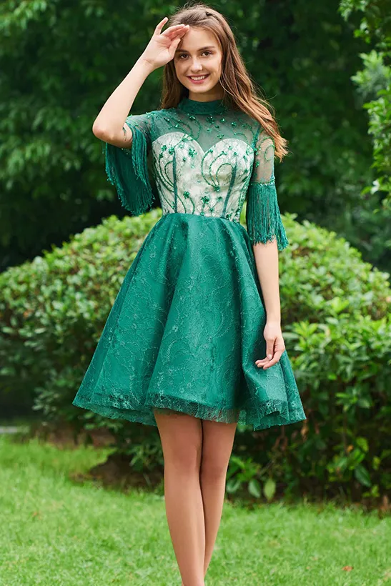 Elegant Lace High Neck Beading Half Sleeves Tassel Short Homecoming Dresses PFH0016
