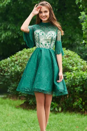 Elegant Lace High Neck Beading Half Sleeves Tassel Short Homecoming Dresses PFH0016