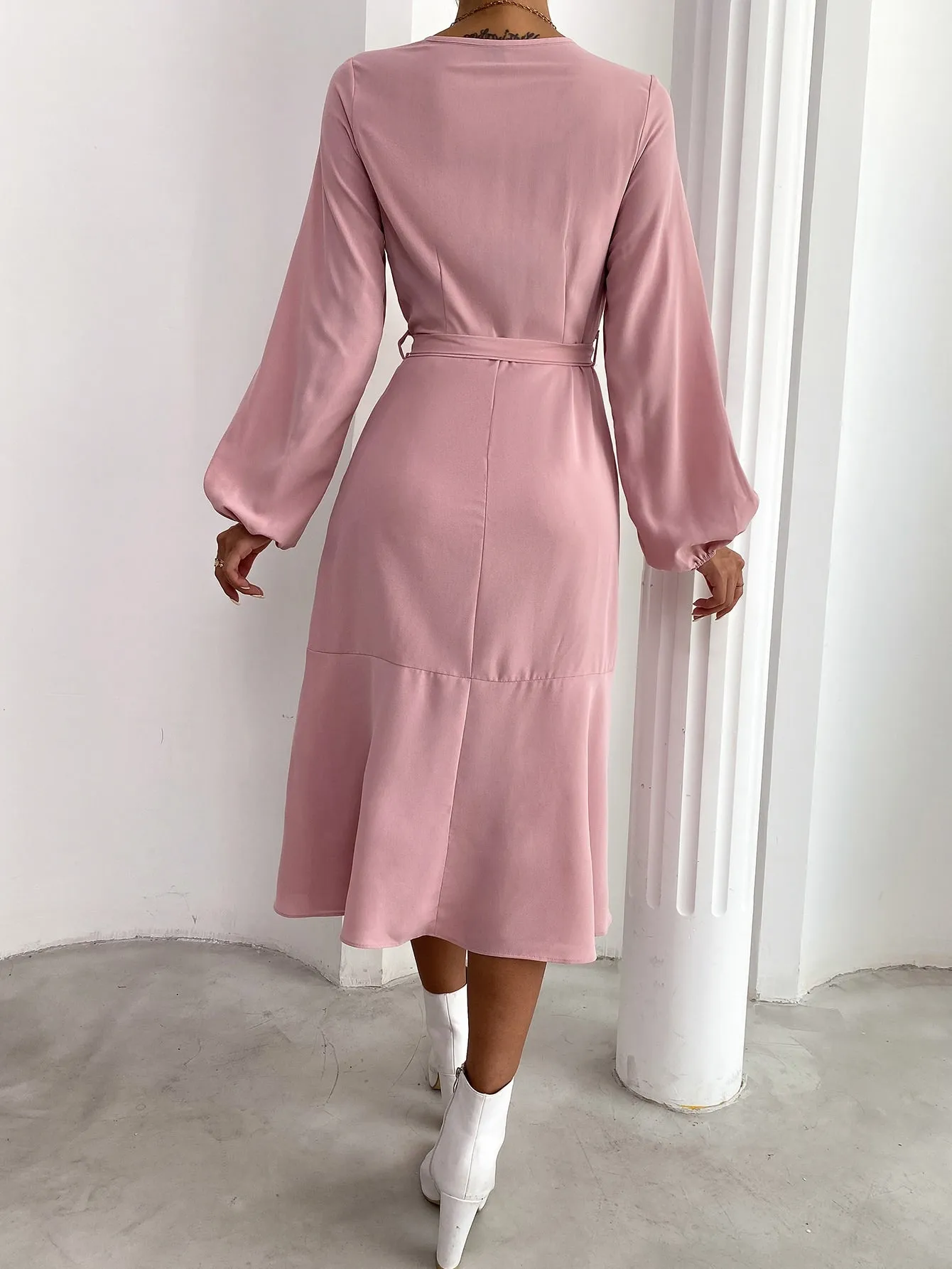 Elegant Plain Belted Long Sleeve V Neck Wrap High Waist Knee Length Dress