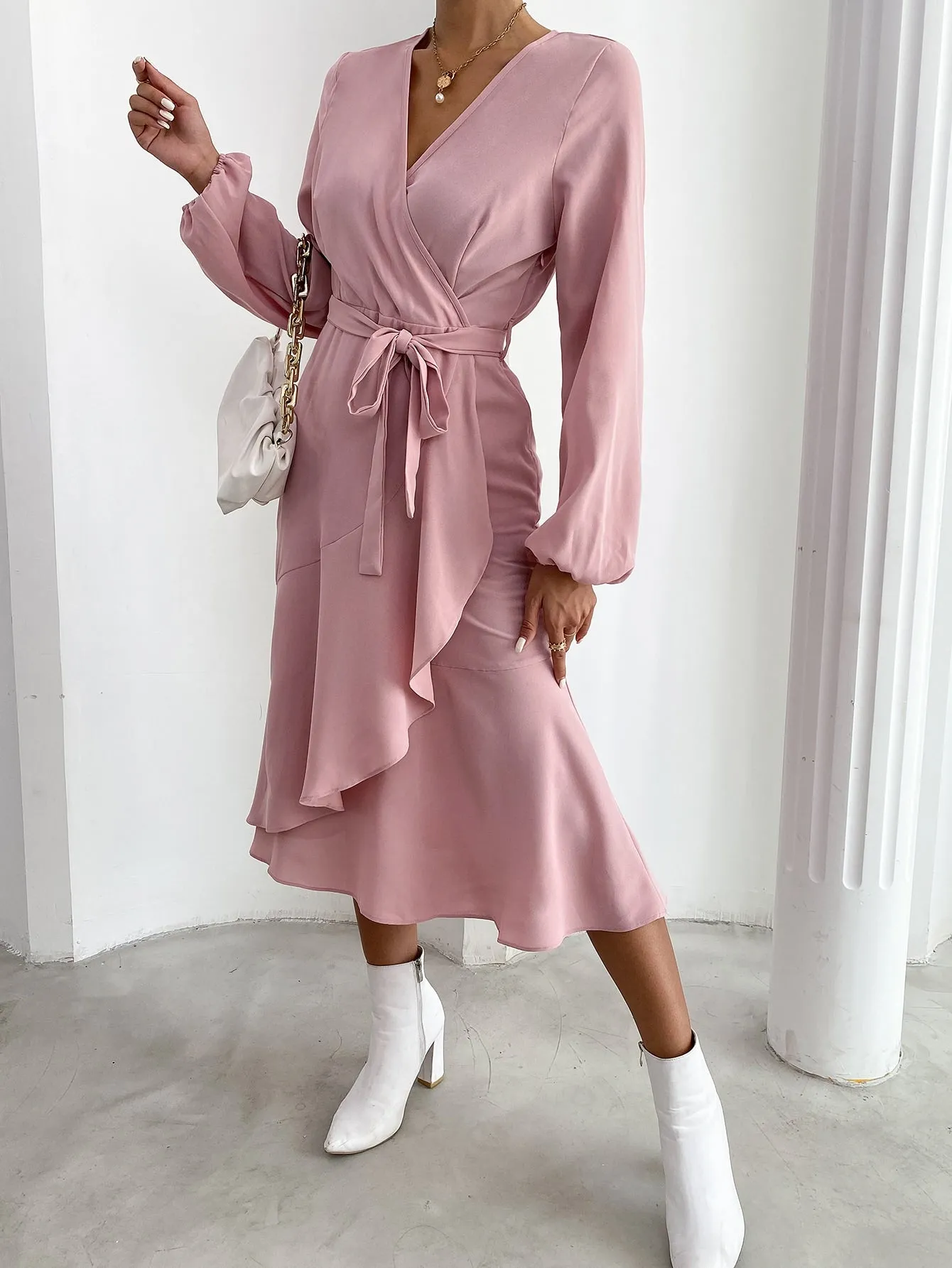 Elegant Plain Belted Long Sleeve V Neck Wrap High Waist Knee Length Dress