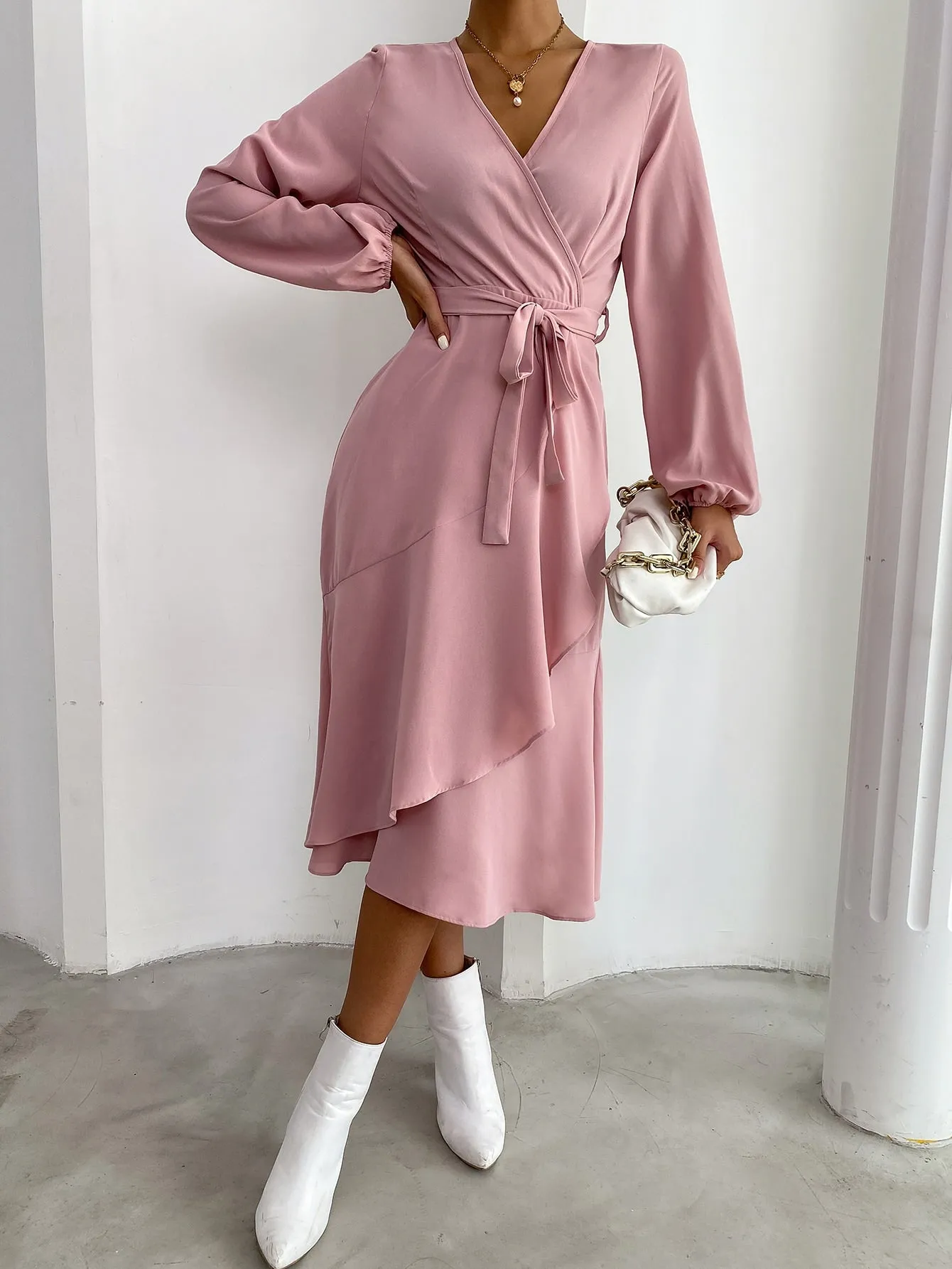 Elegant Plain Belted Long Sleeve V Neck Wrap High Waist Knee Length Dress