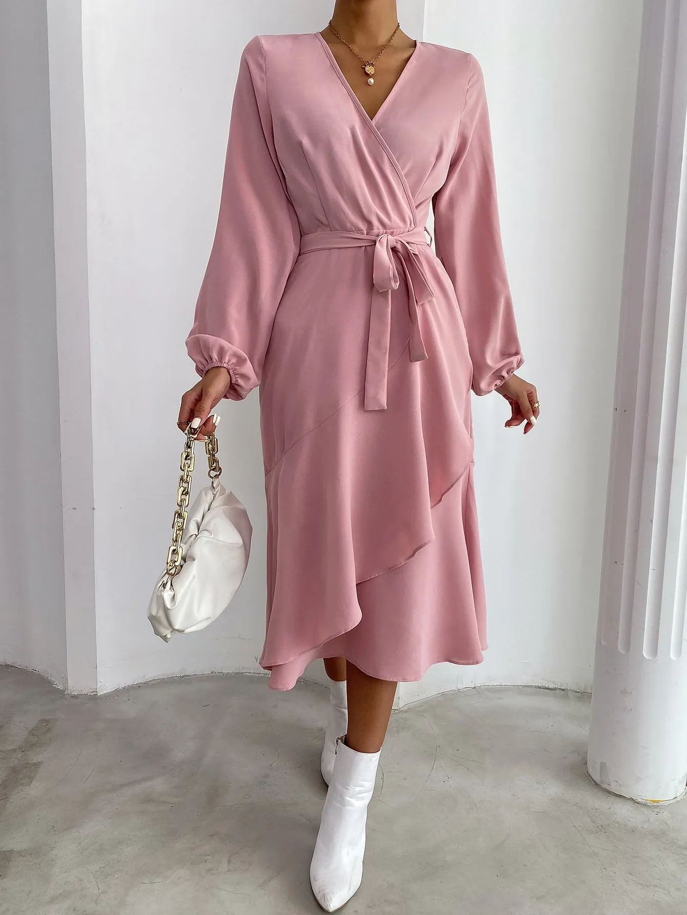 Elegant Plain Belted Long Sleeve V Neck Wrap High Waist Knee Length Dress