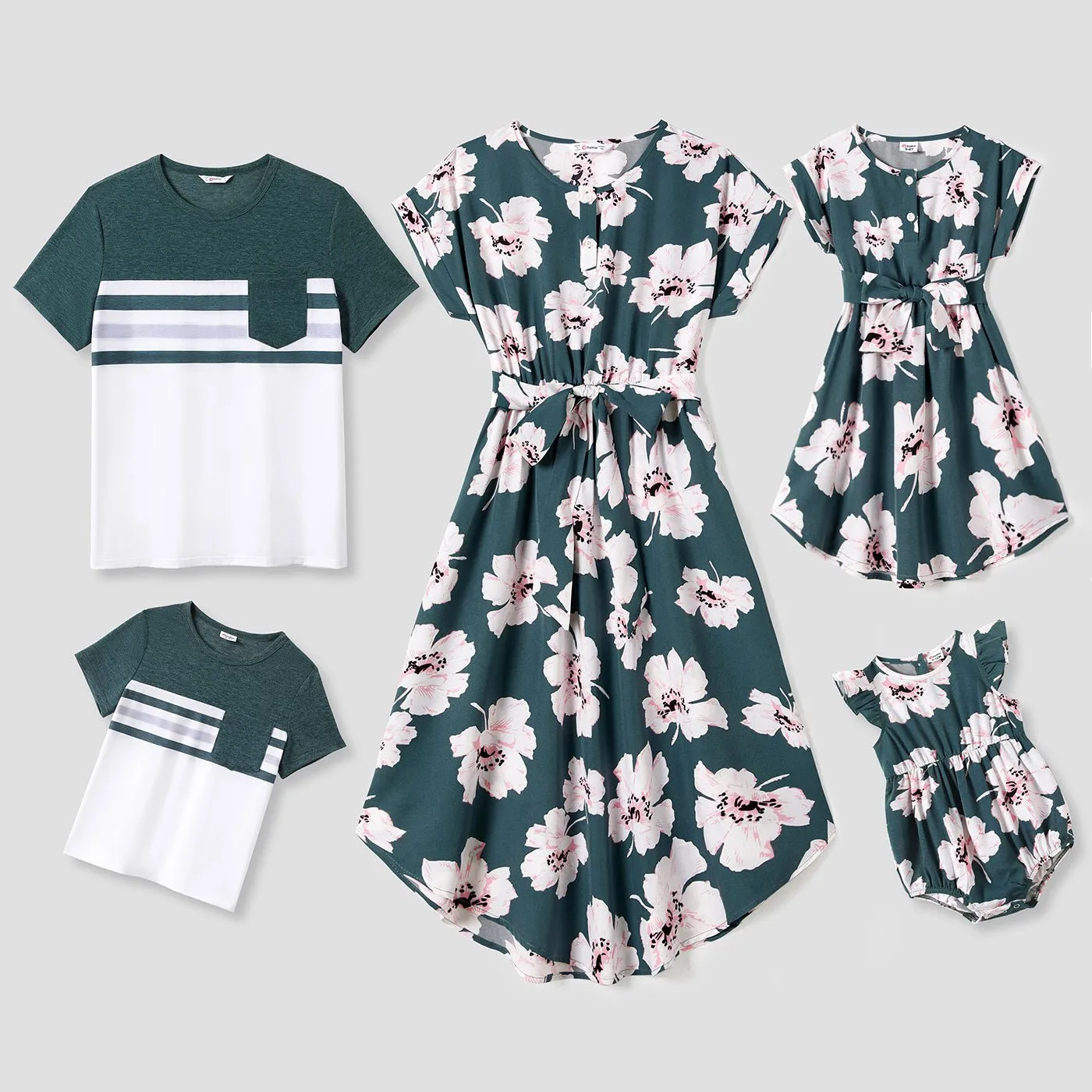 Family Matching Allover Floral Print Curved Hem Belted Dresses and Colorblock Striped T-shirts Sets