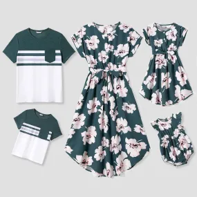 Family Matching Allover Floral Print Curved Hem Belted Dresses and Colorblock Striped T-shirts Sets