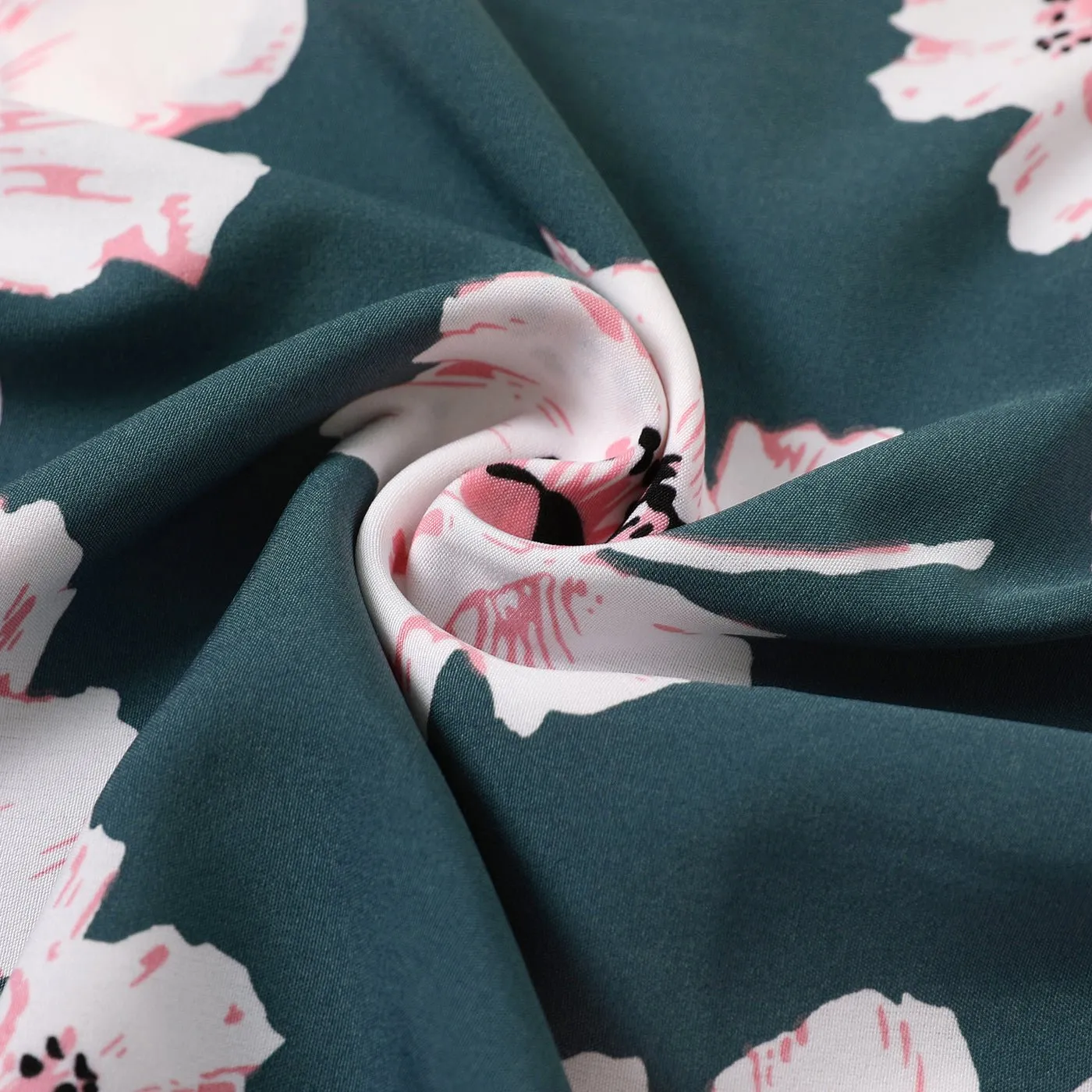 Family Matching Allover Floral Print Curved Hem Belted Dresses and Colorblock Striped T-shirts Sets