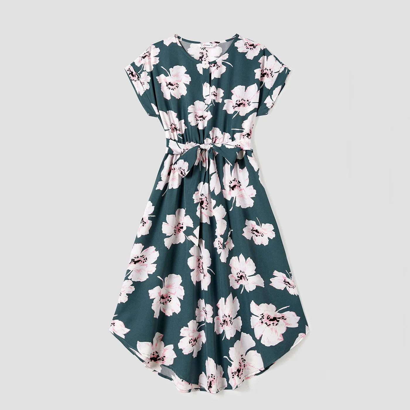 Family Matching Allover Floral Print Curved Hem Belted Dresses and Colorblock Striped T-shirts Sets