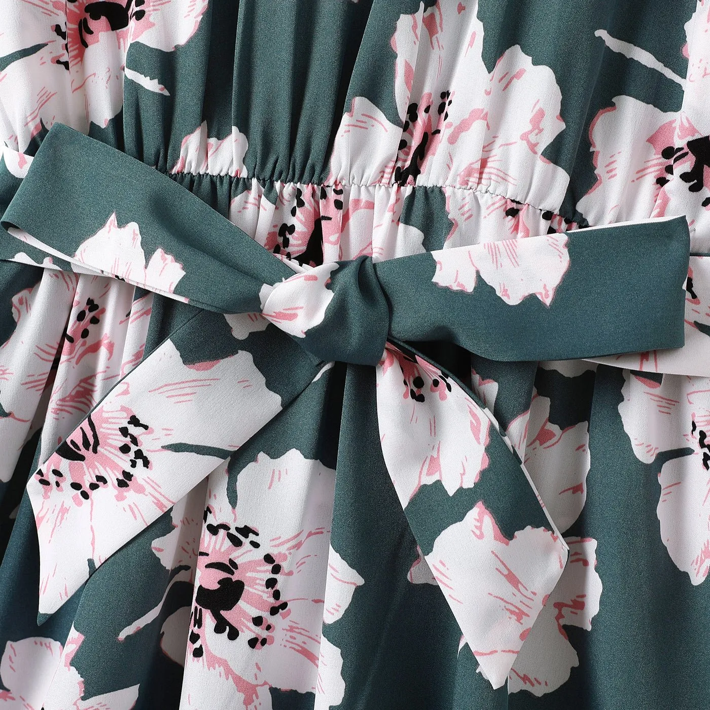 Family Matching Allover Floral Print Curved Hem Belted Dresses and Colorblock Striped T-shirts Sets