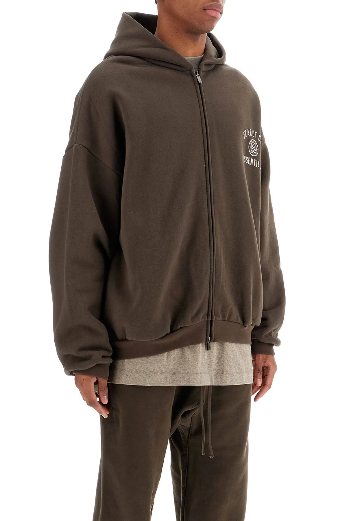 Fear Of God Essentials Dark Brown Cotton Zip-Up Hoodie With Embroidered Logo