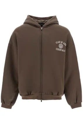 Fear Of God Essentials Dark Brown Cotton Zip-Up Hoodie With Embroidered Logo