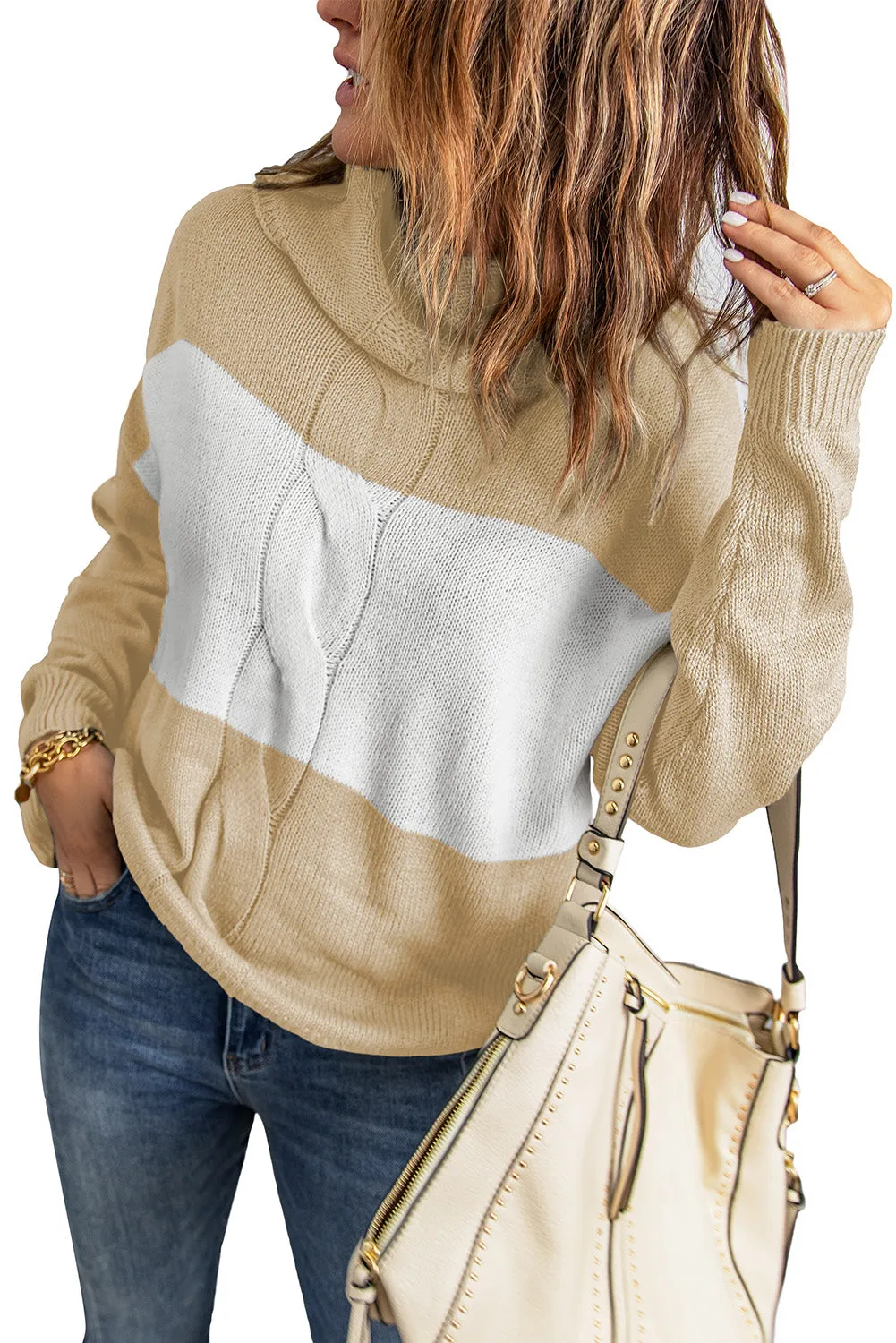 Gray Colorblock Turtleneck Loose Knitted Sweater