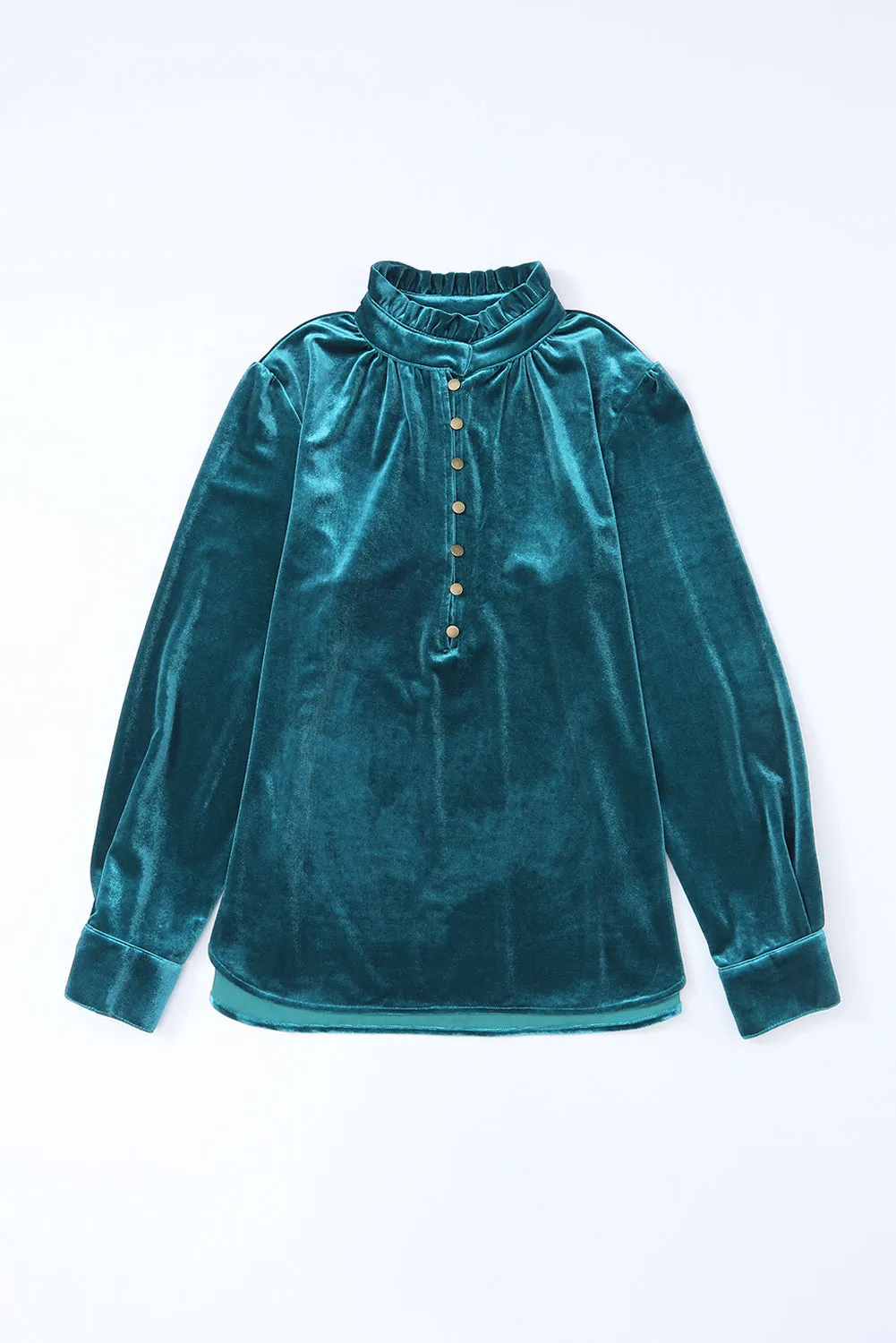 Green Frilled Neck Buttoned Front Velvet Top