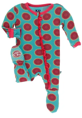 KicKee Pants Neptune Watermelon Classic Ruffle Footie with Zipper