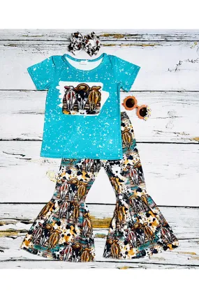 LC008 Bleaches turquoise three cows 2pc short sleeve set