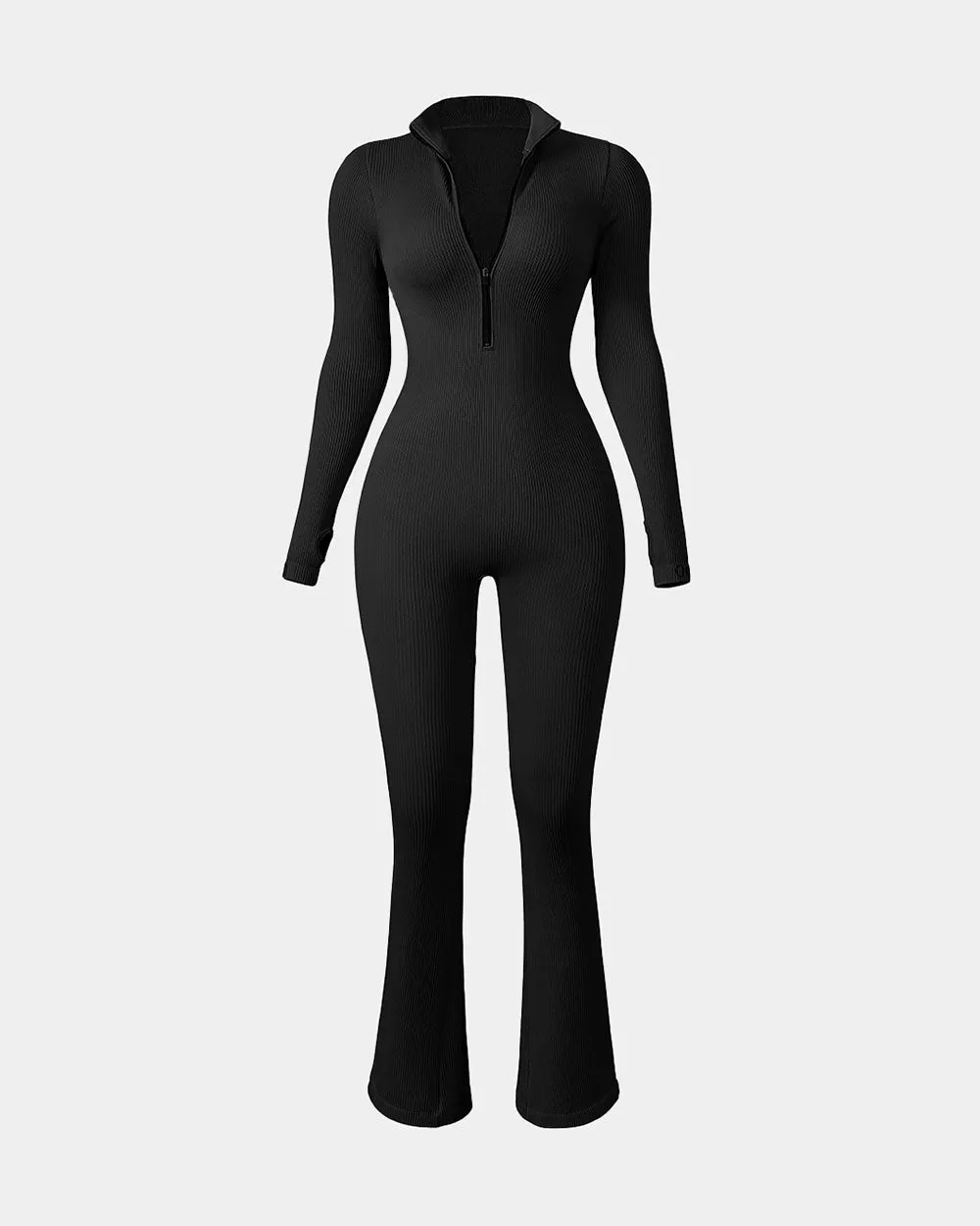Long Sleeve Zip Front Bell Bottoms Jumpsuits