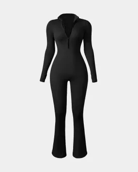 Long Sleeve Zip Front Bell Bottoms Jumpsuits