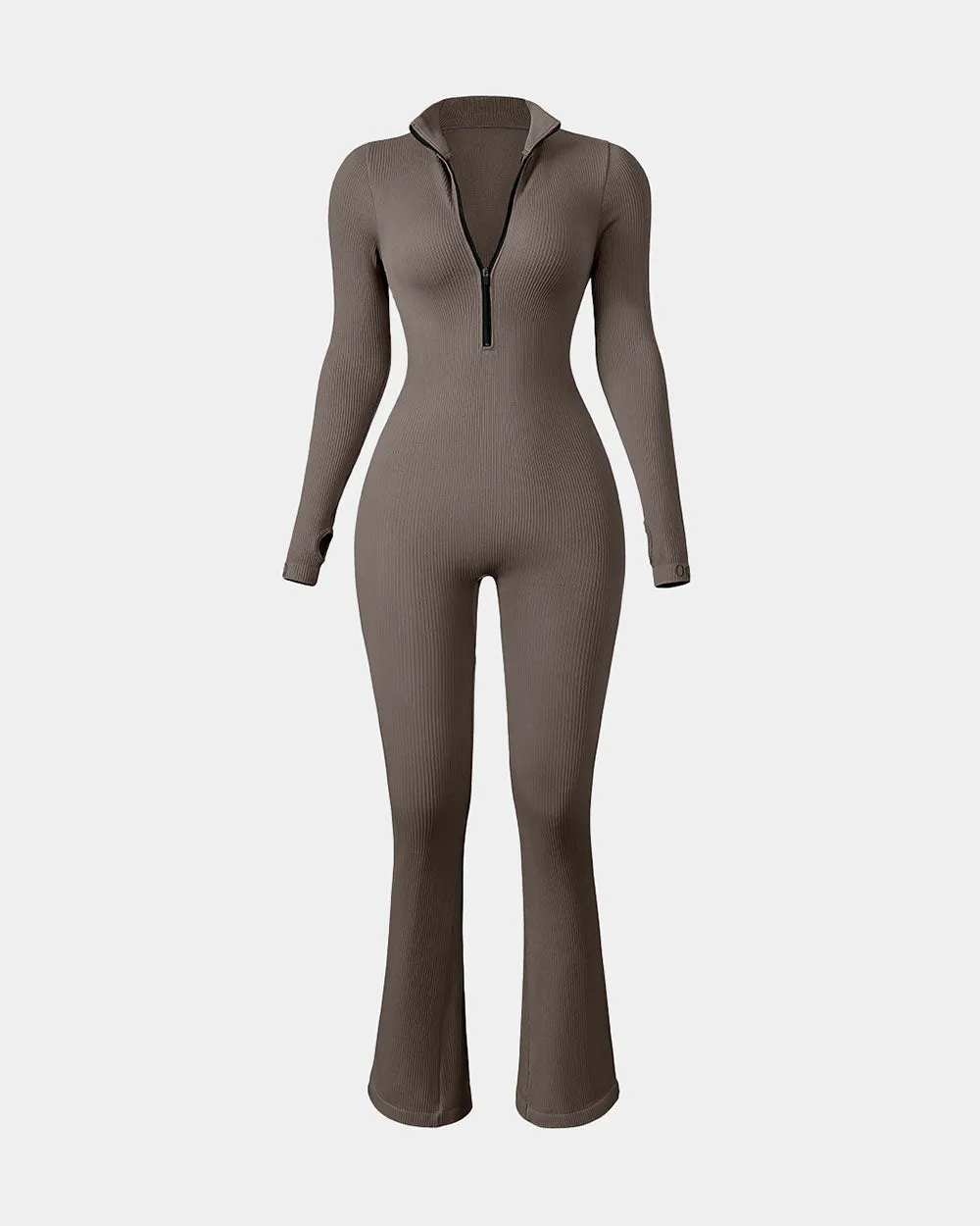 Long Sleeve Zip Front Bell Bottoms Jumpsuits